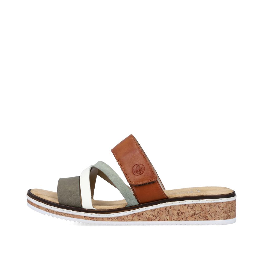 Rieker Schuhe | Damen Pantoletten olivgrun-braun-weiss