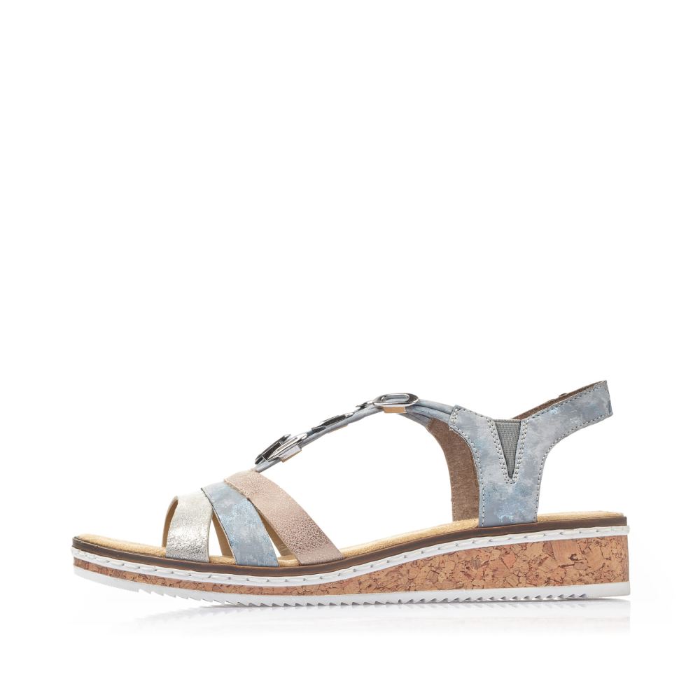 Rieker Schuhe | Damen Keilsandaletten himmelblau-hellbeige